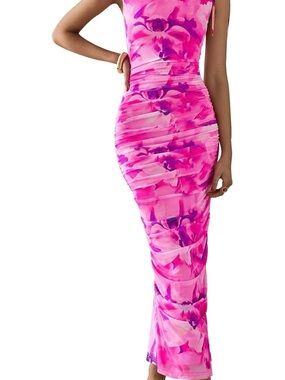 Feminine Pink Floral Ruched Maxi Dress